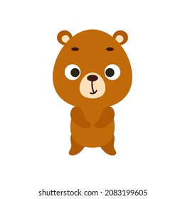 Cute little bear on white background. Cartoon animal character for kids cards, baby shower, invitation, poster, t-shirt composition, house interior. Vector stock illustration.