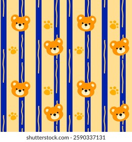 Cute little bear on a yellow background, blue lines, fabric pattern , seamless pattern 