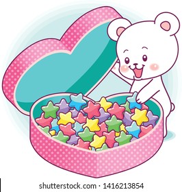 Cute little bear opening a giant heart shaped box