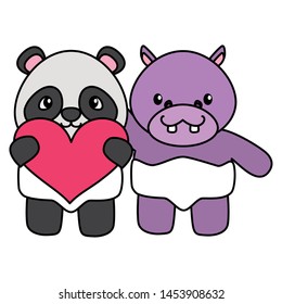 cute little bear panda and hippo with heart vector illustration design