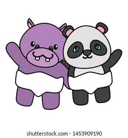cute little bear panda and hippo characters vector illustration design