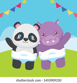 cute little bear panda and hippo on the field vector illustration design