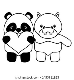 cute little bear panda and hippo with heart vector illustration design