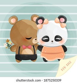 süßer kleiner Bär und Panda mit neuer Seite