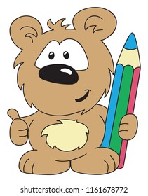 Cute little bear with pencil for preschool kids activity educational worksheet. Vector artwork