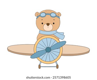 Cute little bear pilot on airplane, vector hand drawn character illustration on white background for kids