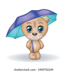 Cute little bear with pink bamboo umbrella. illustration. Cartoon.