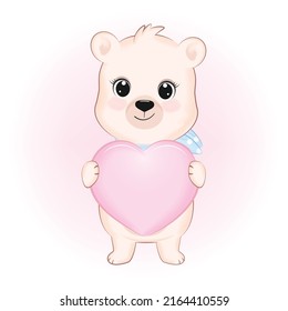 Cute little Bear with pink heart, animal cartoon illustration