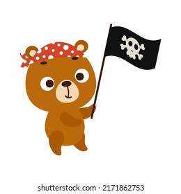 Cute little bear with pirate flag. Cartoon animal character for kids t-shirts, nursery decoration, baby shower, greeting card, invitation, house interior. Vector stock illustration