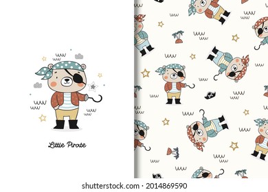 Cute little bear pirate hand drawn doodle illustration. Card and seamless pattern for kids.