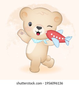 Cute little bear and plane toy hand drawn illustration