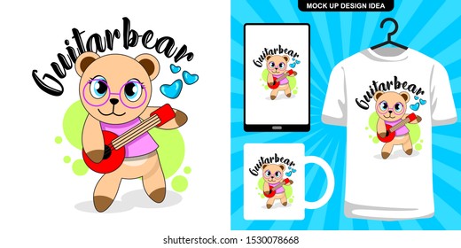 cute little bear playing a guitar. cute animal cartoon illustration and merchandising design