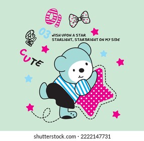 Cute little bear playing with stars.  For Toodler design