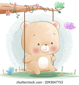 Cute little bear playing swing with birds