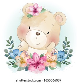 Cute Little Bear Portrait With Water Color Effect