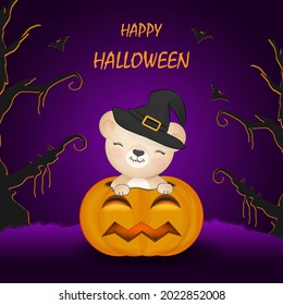 Pequeño oso oso y calabaza dibujado a mano animal de dibujos animados Halloween ilustración