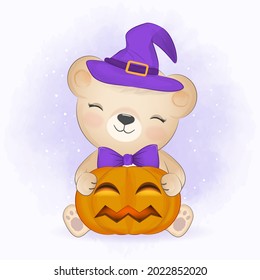 Cute little bear and pumpkin hand drawn cartoon animal Halloween illustration