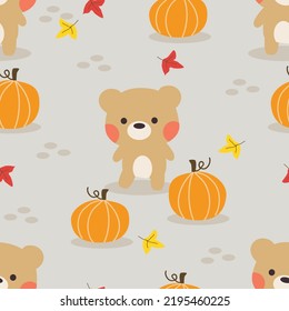 Cute Little Bear and Pumpkins Seamless Pattern