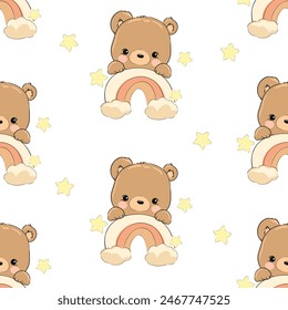 Cute little bear and rainbow seamless pattern, vector illustration, Hand Drawn Cute kids graphics prints for textile