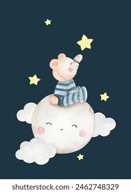 Cute little bear reach for the star watercolor illustration, baby and kids animal character illustration	