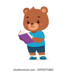 cute little bear read book and feeling happy