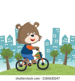 Cute little bear riding a bicycle. Trendy children graphic. Vector illustration. T-Shirt Design for children. Design elements for kids.