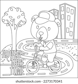 Cute little bear riding bicycle. Trendy children graphic with line art design hand drawing sketch vector illustration for adult and kids coloring book.