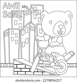 Cute little bear riding bicycle. Trendy children graphic with line art design hand drawing sketch vector illustration for adult and kids coloring book.