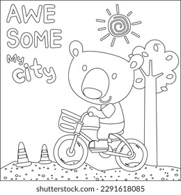 Cute little bear riding bicycle. Trendy children graphic with line art design hand drawing sketch vector illustration for adult and kids coloring book.
