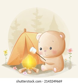 Pequeño oso oso aguijón asando malvavisco en hoguera acuarela ilustración