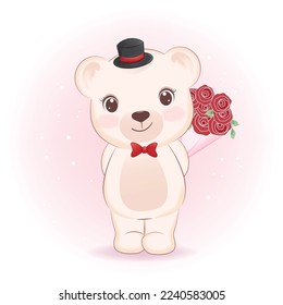 Cute Little Bear and rose bouquet, Valentine's day concept illustration