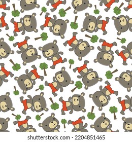 Cute little bear run in Africa Funny Kid Graphic Illustration. Design concept for kids textile print, nursery wallpaper, wrapping paper. Cute funny background. 