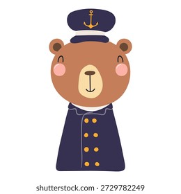 Pequeno e fofo marinheiro urso, capitão isolado em transparente. Personagem de desenho animado Kawaii. Mão desenhada ilustração vetorial plana. Elemento de design náutico infantil, clip art, impressão de moda, cartaz, arte de parede