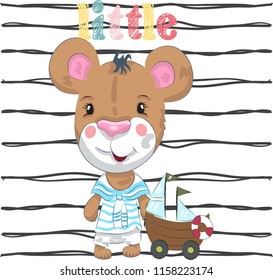 Cute little bear sailor cartoon hand drawn vector illustration. Can be used for baby t-shirt printing, fashion print design, children wear, baby shower celebration greeting and invitation card.