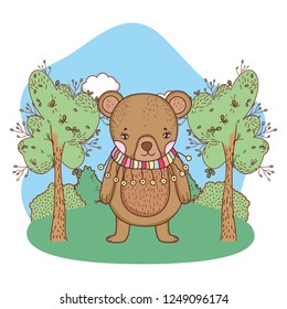cute little bear with scarf in the camp