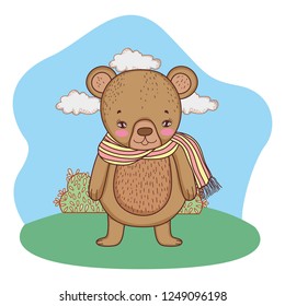 cute little bear with scarf in the camp