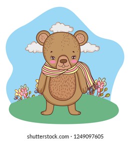 cute little bear with scarf in the camp