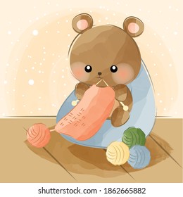 lindo oso sentado tejiendo