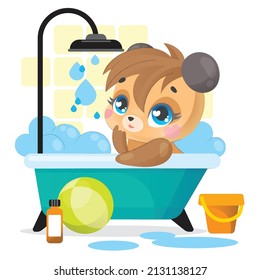 A cute little bear is sitting in the bath, toys are lying around and water is spilled. Children's illustration for preschool study of the daily routine.