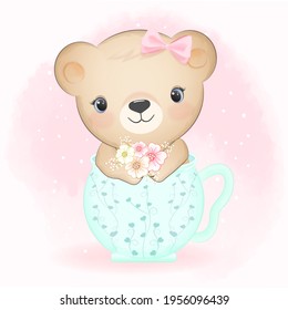 Cute Little Bear sitting in a cup cartoon animal watercolor illustration