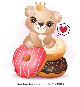 Cute little bear sitting in the donuts