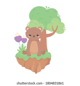 cute little bear sitting with flowers and tree cartoon animals in a natural landscape vector illustration