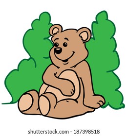 cute little bear sitting in front of green bush
