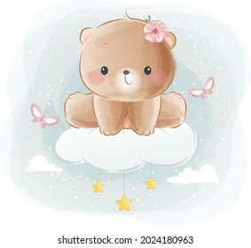 
Cute Little Bear Sitting On Cloud 