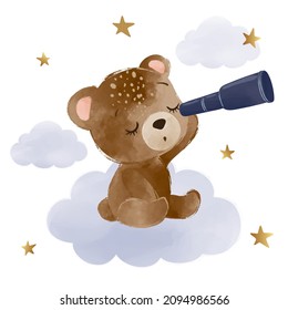 Cute little bear is sitting on the cloud and watching the stars, vector illustration, kids fashion artworks, baby graphics for wallpapers and prints.