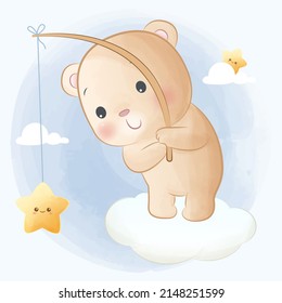 Cute little bear sitting on cloud and catching a star
