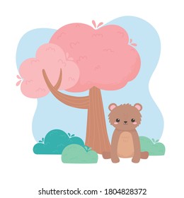 cute little bear sitting tree cartoon animals in a natural landscape vector illustration