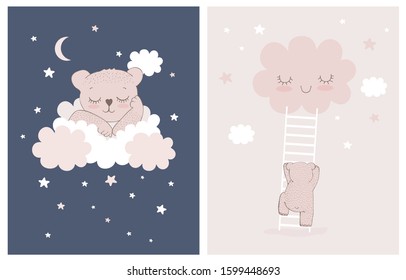 Cute Little Bear Sleeping on a White Fluffy Cloud. Simple Nursery Vector Illustrations with Baby Bear, Stars and Clouds. Little Bear Climbing the Ladder to the Smiling Cloud.Baby Girl Room Decoration.