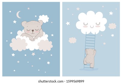 Cute Little Bear Sleeping on a White Fluffy Cloud. Simple Nursery Vector Illustrations with Baby Bear, Stars and Clouds. Little Bear Climbing the Ladder to the Smiling Cloud. Baby Boy Room Decoration.