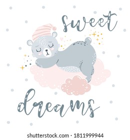 Cute little bear sleeping on clouds. Sweet dreams. Childish print. Can be used for poster, card, t-shirt, clothing, baby shower celebration etc. Pastel colors, adorable wild animal. Nursery poster.